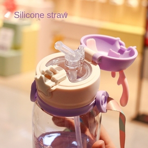 Borraccia per bambini con cannuccia e simpatico coperchio a forma di corna di cervo, bottiglia d'<span class=keywords><strong>acqua</strong></span> in plastica trasparente rosa con tracolla per la scuola - Product Image 3