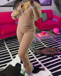 2024 autunno inverno da donna in <span class=keywords><strong>velluto</strong></span> aderente in 2 pezzi <span class=keywords><strong>con</strong></span> top corti a vita alta <span class=keywords><strong>pantaloni</strong></span> a zampolla <span class=keywords><strong>con</strong></span> Zip abito Casual a lunghezza corta - Product Image 2