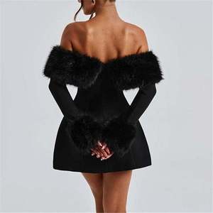 Mini abito da donna a <span class=keywords><strong>maniche</strong></span> <span class=keywords><strong>lunghe</strong></span> con rifiniture in pelliccia sintetica-stile Sexy e di lusso per feste e occasioni speciali - Product Image 4