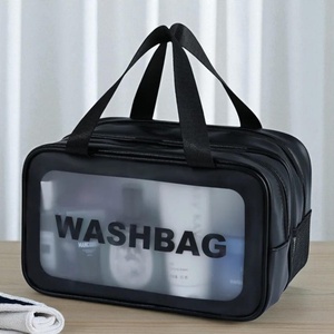 Bolsas de cosméticos de PU transparentes dobles, personalizadas, grandes, impermeables, separación en seco y húmedo, organizador de maquillaje de viaje, bolsa de aseo con asa - Product Image 4