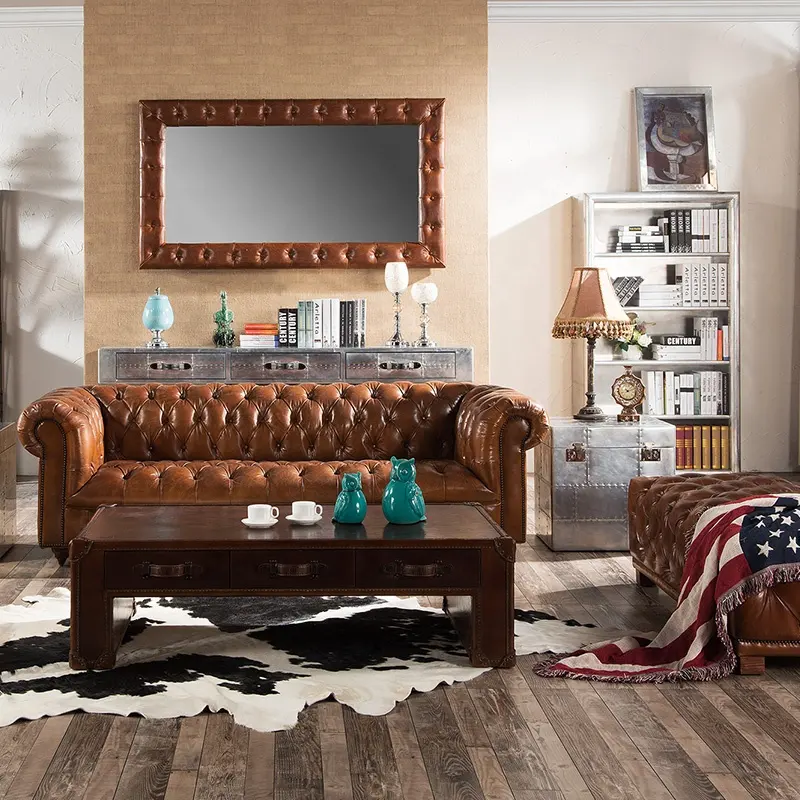 Muebles de estilo americano para sala de estar, sofá chesterfield de cuero genuino, conjunto de sofá con botones, para el hogar