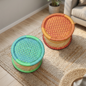 Ensemble de 2 tabourets en bois de bambou, design moderne style ferme, housse amovible, revêtement en polyester, salon, chambre, école, restaurant - Product Image 1