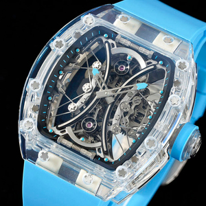 Men's light blue <b>rubber</b> strap crystal tourbillon <b>watch</b>, tonneau-shaped skeleton mechanical <b>watch</b> - Product Image 2