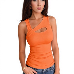 Women's Orange Asymmetric Criss-<b>Cross</b> Knitted Tank <b>Top</b> With Hole Detail Regular Length Solid Color Spandex Polyester <b>Top</b> - Product Image 1