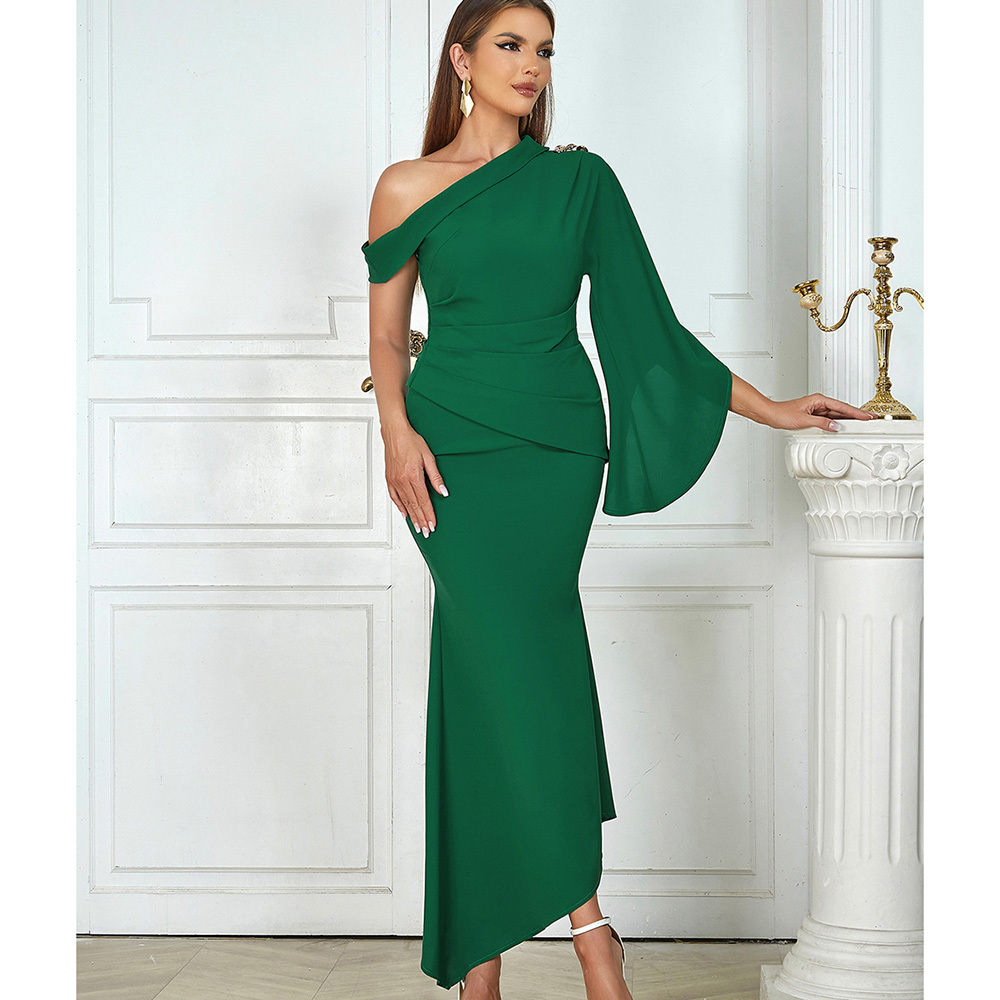 diagonal dress design Sexy Collar Draped Button Long Women One Shoulder Flare Sleeve Slim Dresses Evening Party Gowns Drawing SHEIN Lady Plus Size dress for proposal Size:4 US / 38 EU