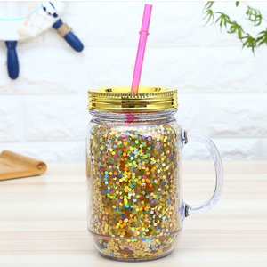 Phong Cách Mới 20Oz Sáng Tạo Chai Nước Bằng Nhựa Đôi Tường Acrylic Long Lanh Rõ Ràng Nhựa <span class=keywords><strong>Mason</strong></span> Lọ Có Nắp Đậy Và Rơm - Product Image 4