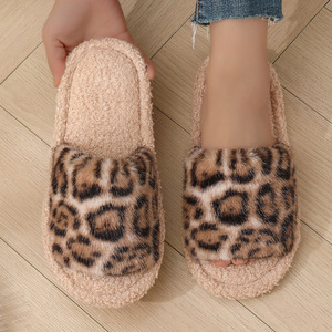Faux Fur Open Toe Indoor Custom Home Fluffy Leopard Print <b>Slippers</b> Women Fluffy Cotton <b>Slippers</b> - Product Image 1