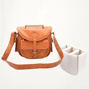 Customize fashion professional ladies photographer brown vegan pu leather dslr crossbody small video lens camera bag for women