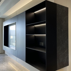 Современный простой деревянный телевизионный шкаф-тумба, складной, со встроенным настенным стеллажом для хранения и винной полкой, для гостиной в стиле фермерского дома или дома. - Product Image 5