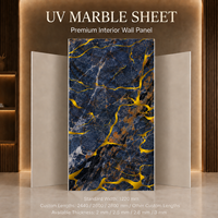 Panneau mural UV MORLENX bleu profond à veines dorées, feuille de marbre PVC haute brillance pour projets d'aménagement hôtelier