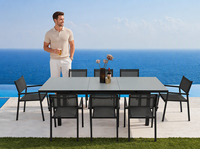 Table à manger moderne sur mesure fabriquée en Chine, très vendue, avec plateau en verre, structure en aluminium, facile à nettoyer, ensemble de 6 chaises