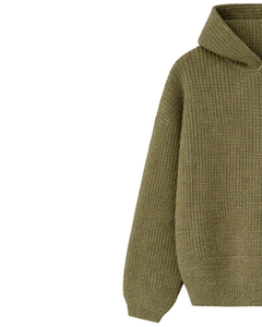 Sweat à capuche en tricot côtelé, pull chaud d'hiver, manches longues, couleur vert olive, streetwear décontracté, tricot doux et confortable - Product Image 3