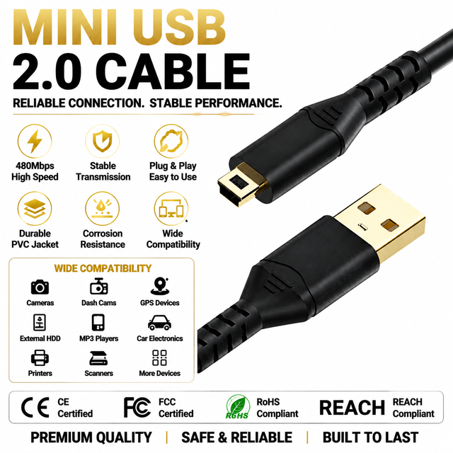 Mini USB 2.0 Data Cable AM to Mini B 5Pin 0.5m High Speed Braid Shielded Sync Charging Cord for Digital Camera & MP3/MP4 Player