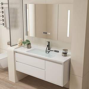 Meuble de salle de bain blanc de style européen avec miroir intelligent à LED et lavabo en céramique blanche - Product Image 4