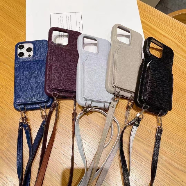 Top Shockproof Design for Iphone Mobile Cell Phone Cover Kickstand Card Holder Full Grain Luxury Pu Leather Lanyard Phone Case