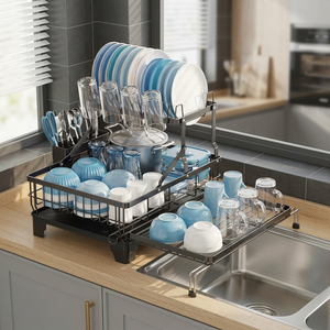 Égouttoir à vaisselle double niveau en métal avec conception détachable pour rangement sous évier de cuisine, support moderne sur pied pour assiettes et bols - Product Image 5