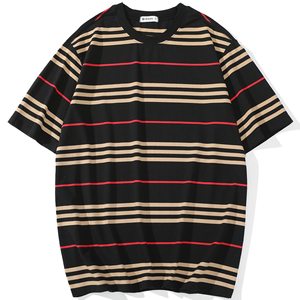 Cómoda camisa de fibra de bambú y algodón para hombre, Camiseta de cuello redondo a rayas a la moda, ajuste holgado, transferencia por sublimación, 200 gramos, ropa teñida - Product Image 6