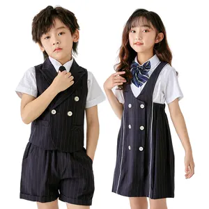 Unisex okul üniformaları klasik şerit toptan yüksek kaliteli kumaş cilt dostu yumuşak çocuk kostümleri