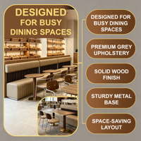 Mobilier de salon de luxe moderne : banquette incurvée en cuir beige, tables à manger rondes en noyer et chaises à pieds chromés pour hôtel et bar