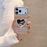 Étui de téléphone élégant avec miroir, strass étincelants et nœud en forme de cœur pour iPhone 18 17 Pro Max 16 15 14 13, texture tweed tendance, coque de protection