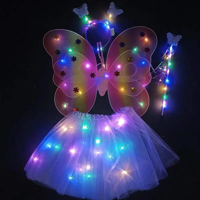 Double-layer Design 20 LED Lights Girls Stage Props Luminous Fairy Butterfly Angel Wing Costume Set With Skirt