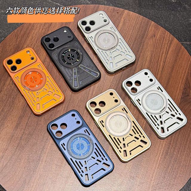 Aluminum Alloy Feeling Hollow Heat Dissipation Phone Case with 360 Degree Magnetic Rotating Stand for iphone 17 15 Pro Max 16 14