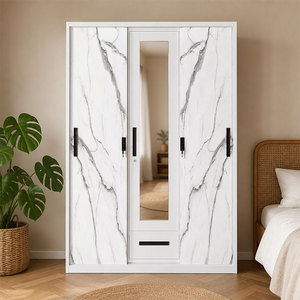 Metal <strong>Wardrobe</strong> for Clothes 3 Door Steel Printed Sliding Cabinet <strong>with</strong> <strong>Mirror</strong> <strong>and</strong> <strong>Drawer</strong> Modern Bedroom Closet - Product Image 2