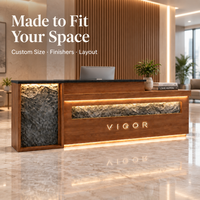 Comptoir d'accueil élégant pour salon, panneau en pierre décoratif et éclairage d'ambiance LED inférieur, table de réception commerciale avec logo personnalisé