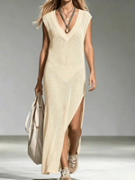 Robe longue maxi en maille tricotée sans manches à col en V pour femme, ajourée sur les côtés, idéale comme cache-maillot de bain ou tenue de vacances