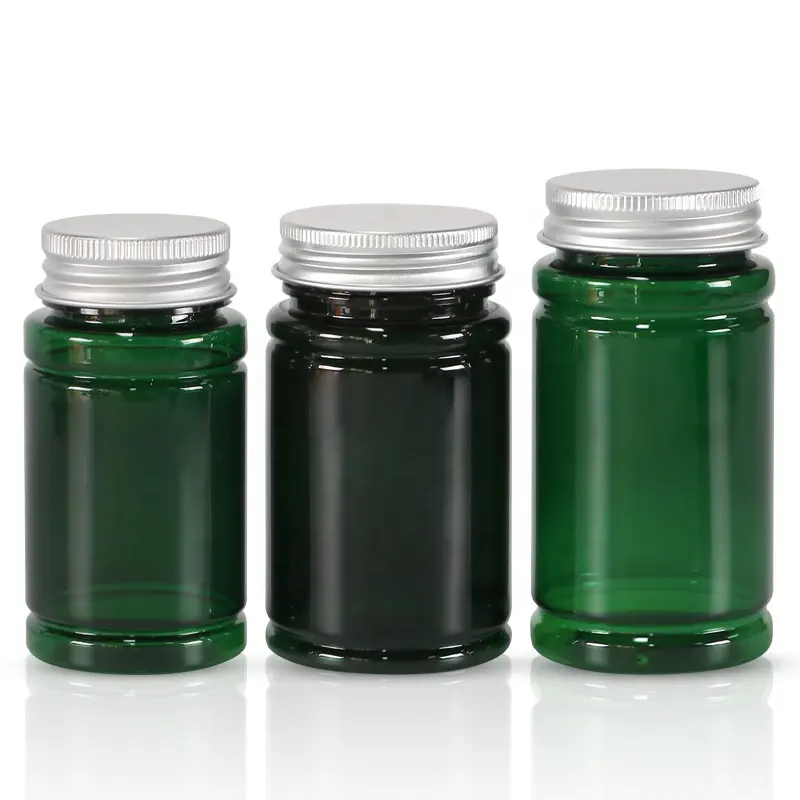 अनुकूलित टोपी के साथ स्वस्थ देखभाल के लिए गोल आकार पारदर्शी हरे रंग की प्लास्टिक गोली कैप्सूल बोतल