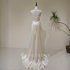 LY93 Vestidos de novia estilo bohemio con volantes y satén color marfil para mujer - Product Image 5