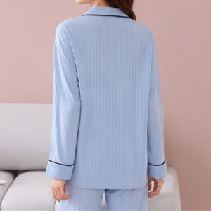 Pigiama in cotone a righe a coste da <span class=keywords><strong>donna</strong></span>, taglie forti, a maniche lunghe, per casa e relax, set estivo da notte e loungewear - Product Image 3
