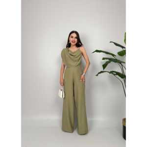 Mono amarillo de gasa para mujer 3033 Tulum, ropa de fiesta, pierna ancha, sin mangas, cuello en V, elegante, formal. - Product Image 3