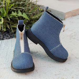 Botas de otoño para niñas, botines cortos de mezclilla con lazo y cremallera - Product Image 5