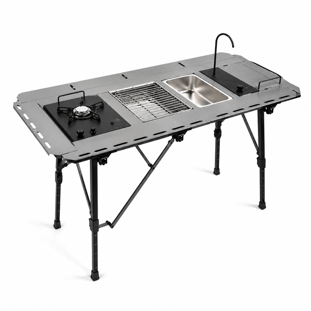 Modular IGT Aluminum Alloy Outdoor Kitchen Station Camping Table Water Faucet Sink Height Adjustable Foldable for Picnic BBQ 4-6