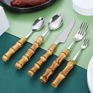 Ensemble de couverts de table en acier inoxydable poli miroir avec manche en bambou naturel pour steak, fourchette, cuillère, idéal pour les fêtes, les voyages et les gâteaux - Product Image 2