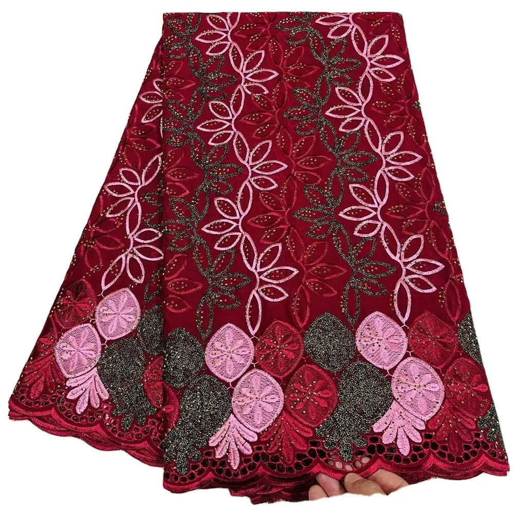 Exported Africa burgundy cotton lace with stones high quality swiss cotton voile lace voile embroidery for cotton salwar kameez