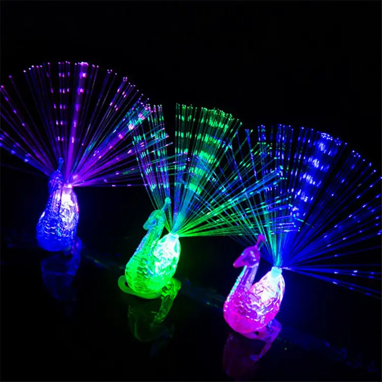 Party Toys Led Light up Toy Lamp Fiber Finger Light Colorful LED Light Peacock Design Rings