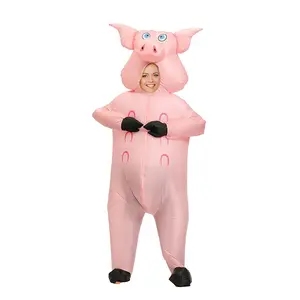 成人尺寸电池供电内置风扇万圣节全身充气套装可爱粉色猪服装