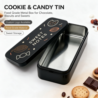 Boîte en étain rectangulaire personnalisée avec couvercle à charnière pour bonbons, chocolats, biscuits, thé et emballages cadeaux sucrés OEM