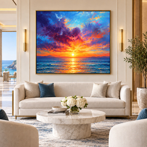 Tableau mural nature morte peint à la main, toile de paysage marin au coucher du soleil vibrant, paysage côtier coloré, tons neutres doux, pour salon, hôtel, bois - Product Image 1