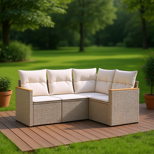 Ensemble de canapés de jardin en polyrotin beige avec structure en acier thermolaqué, mobilier d'extérieur au design contemporain, sièges durables pour patio - Product Image 2