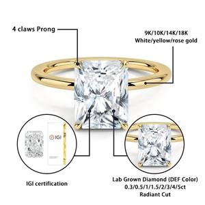Anillo de Oro con Diamante Corte Radiante, Oro de 10k/14k, 1-1.1ct, Forma Radiante, DE VS1, Certificado IGI, Anillo de Diamante Cultivado en Laboratorio para Mujer - Product Image 2