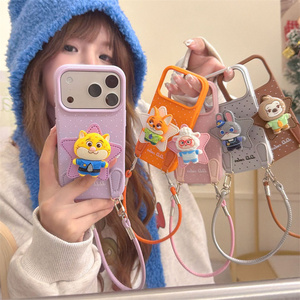 Funda de cuero con soporte y anillo para iPhone 17 16 15 14 Pro Max, diseño de Judy y Nicholas de Zootopia, con cordón y soporte trasero. - Product Image 3
