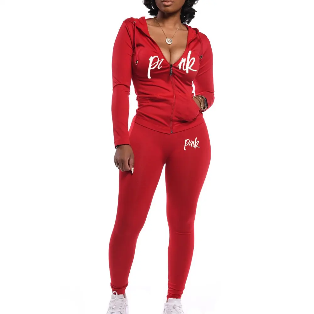 New women jogging suit set Polyester Casual hoodie set tracksuit two piece set breathable top letter pink 597154