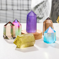 Lámpara de Noche de Cristal Natural en Forma de Columna, Lámpara de Cristal Hexagonal LED, Adorno Decorativo con Base de Madera, Alimentado por USB