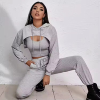 Ensemble de sport pour femme personnalisé en coton 3 pièces, ensemble de jogging, ensemble de survêtement avec veste à capuche courte à coupe brute à manches longues, tenues de sport pour femme