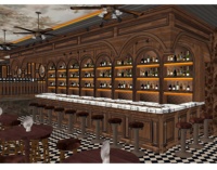 Concept de design d'intérieur pour pub irlandais, comptoir de bar sur mesure, table de bar classique et ensemble de tabourets pour bistro, ensemble de meubles de pub en bois