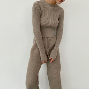Nouveautés 2021 : Ensemble deux pièces en tricot côtelé à manches longues, ensemble de pull classique pour femmes, <span class=keywords><strong>pantalon</strong></span> de sport à jambes larges - Product Image 3