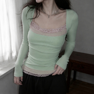 Top de punto de manga larga con cuello cuadrado y bloques de color con ribete de encaje para mujer, camiseta básica informal, suave y elástica, a la moda para primavera y otoño - Product Image 1